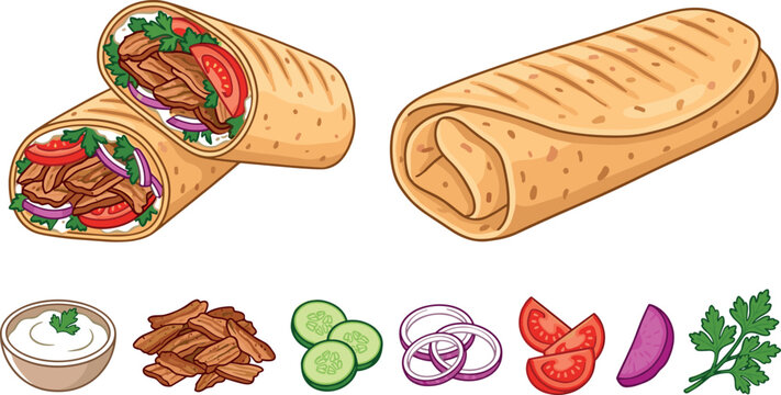 Doner Kebab Wrap Vector Set with Grilled Shawarma Gyros Tortilla Burrito and Individual Fresh Ingredients for Fast Food Restaurant Menu Branding Designs