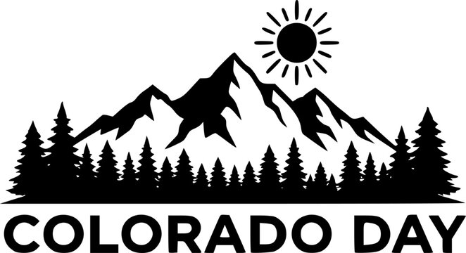 Colorado Day logo with black silhouette mountain sun and pine trees illustration, bold typography landscape design on white background