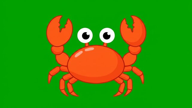 A cartoon orange crab with big eyes on a green background