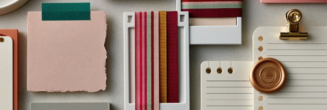 Minimal pastel stationery flatlay background with torn paper stacks wax seal and gold clip for design mockup and branding