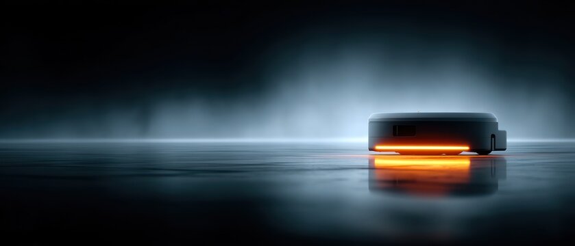 A futuristic, cylindrical device with an orange underglow sits on a reflective surface, in a dark setting