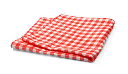 Naklejka premium Red napkin on white background. Folded red-and-white gingham kitchen towel isolated.