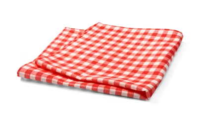 Red napkin on white background. Folded red-and-white gingham kitchen towel isolated. © Tatyana Sidyukova