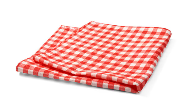 Red napkin on white background. Folded red-and-white gingham kitchen towel isolated.