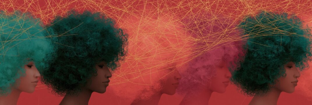Row of teal afro profiles with layered fading silhouettes and gold thread accents on red panoramic background for banner and header design