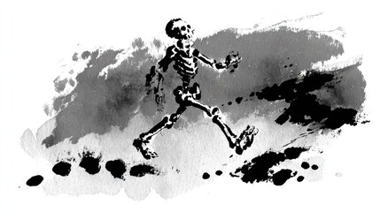 Obraz premium Running skeleton ink illustration on white background with dynamic motion