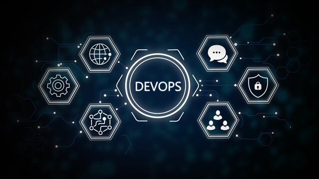 Dev ops methodology illustrated with interconnected gears, cloud, code, and automation symbols on dark background