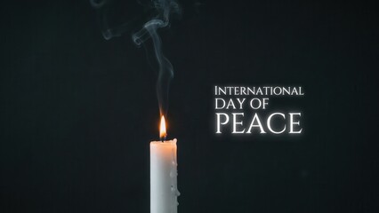 International Day of Peace banner with a lit candle and smoke on black background