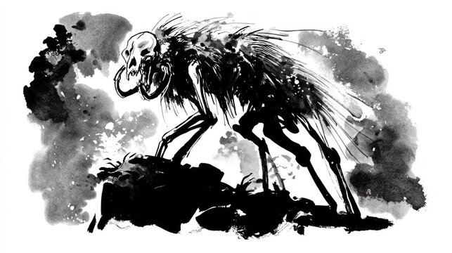 Ink illustration of a skeletal figure with winged form and dramatic lighting