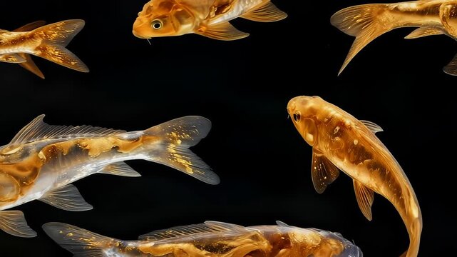 Cinematic shot of elegant golden translucent Japanese Koi carps swimming in darkness, slow motion fluid art, generative AI 漆黒を泳ぐエレガントな黄金の半透明の錦鯉、スローモーションの流体アート、生成AI