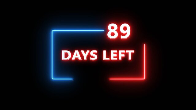 Neon countdown timer sign with glowing blue and red borders showing eighty nine.