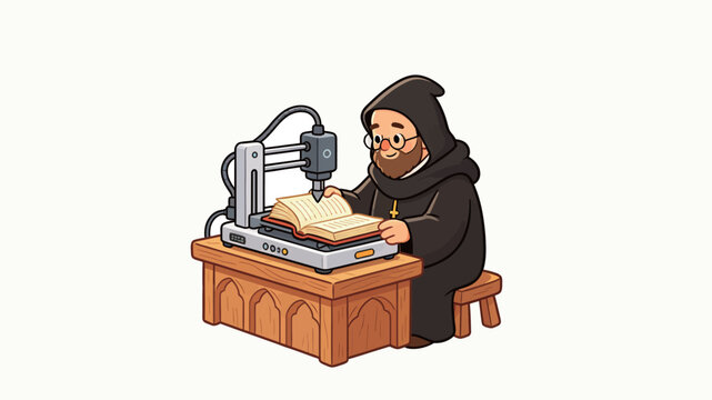 A medieval monk with glasses and beard uses a futuristic 3D scanner on an ancient book at a wooden desk, blending history and technology in cartoon style.