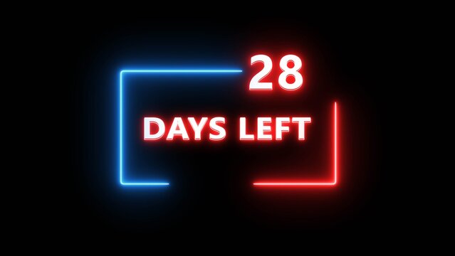 Neon glowing countdown timer displaying twenty eight days left on dark background.