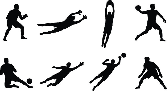 Soccer goalkeeper and handball player silhouette icon set featuring jumping catching diving and throwing actions