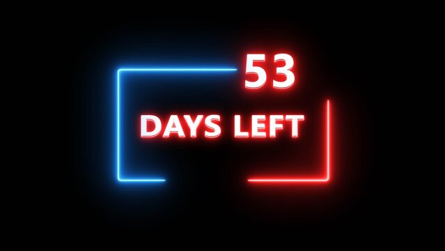 Neon countdown timer sign with 53 days left glowing in bright red and blue light.
