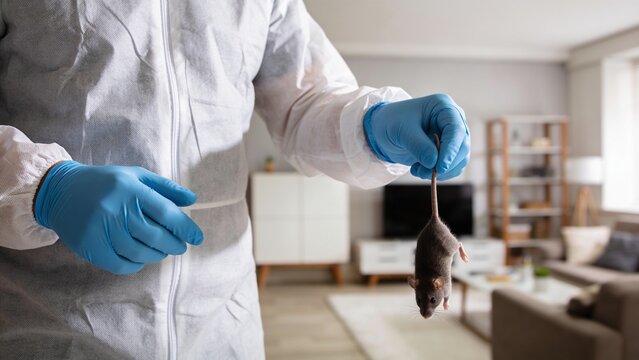 A pest control expert in protective clothing holds a mouse by its tail inside a blurred home room.