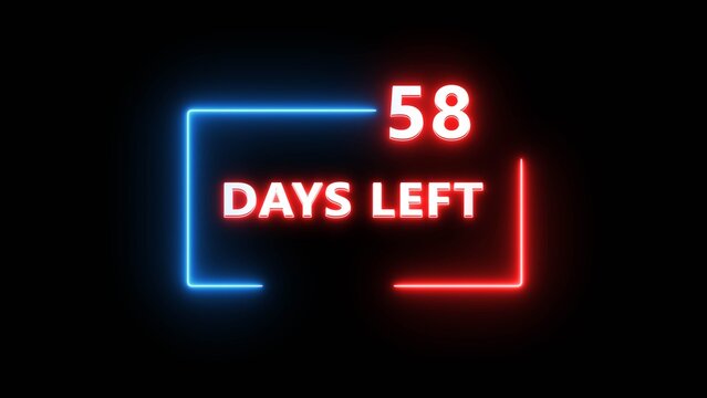 Neon glowing sign with countdown text fifty eight days left in bright frame design.