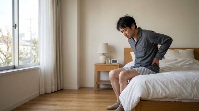 朝起きて腰の痛みに悩むミドル男性