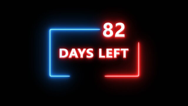 Neon countdown timer sign with eighty two days remaining on black background display.