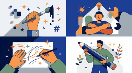 Fototapeta premium Flat Vector Illustration of Creative Process with Hands Painting, Drawing, Person Holding Giant Pencil, Idea Bulb and Abstract Shapes, Representing Inspiration and Art.