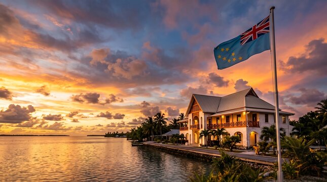 National flag of Tuvalu waving at sunset over coastal building and calm tropical ocean waters