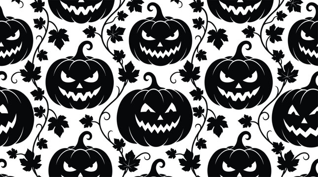 Helloween jack o' lantern seamless pattern spooky halloween pumpkins and vines design