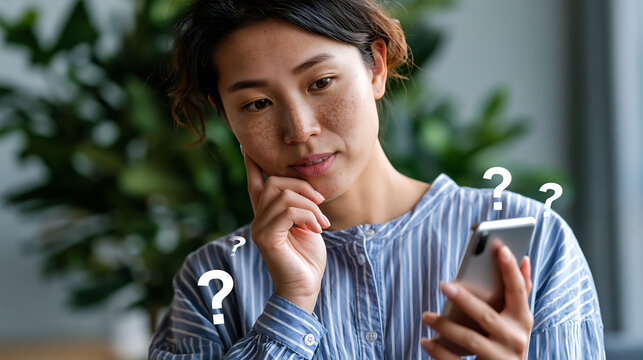 puzzled asian female with question marks holding mobile phone looking uncertain and confused while thinking and searching for answers
