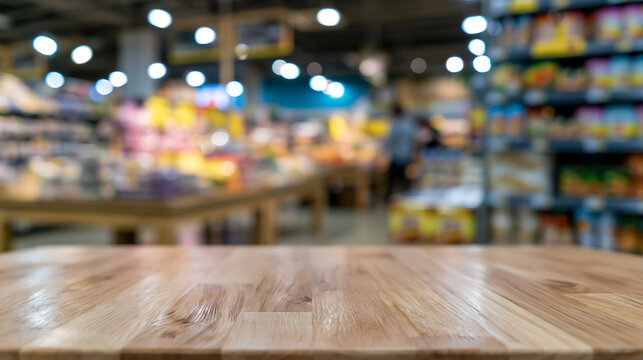 close up of empty wood table top with blur bokeh background of retail store interior shelves and product