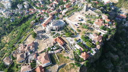 Fototapeta premium Aerial view of the historic Kruja Castle and ancient old town, Albania