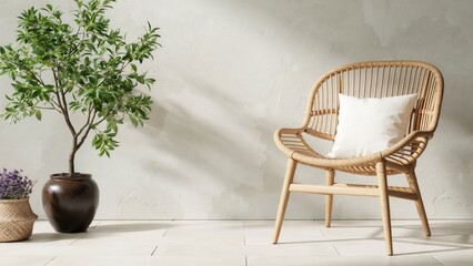 Fototapeta premium Woven Wicker Chair with Cushion and Potted Tree on Modern Patio