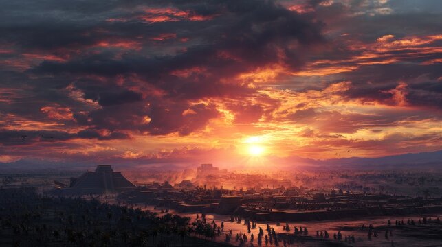 As the sun rises over Tenochtitln, Huitzilopochtlis war cry echoes through the valley, his strength manifesting in the fiery light that chases away the darkness. 