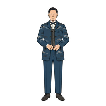 A stylized digital illustration of a 1850s Japanese man wearing a formal Western-style suit jacket with an abstract, wave-inspired patterned design.