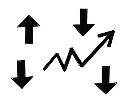 Hand drawn black arrow set, grunge business growth chart vector, rustic directional pointers for financial marketing isolated on White Background scribble, hand drawing