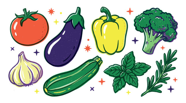 Vibrant collection of fresh vegetables and herbs, including tomato, eggplant, pepper, broccoli, garlic, zucchini, mint, and rosemary, illustrated in a playful, textured style on a clean