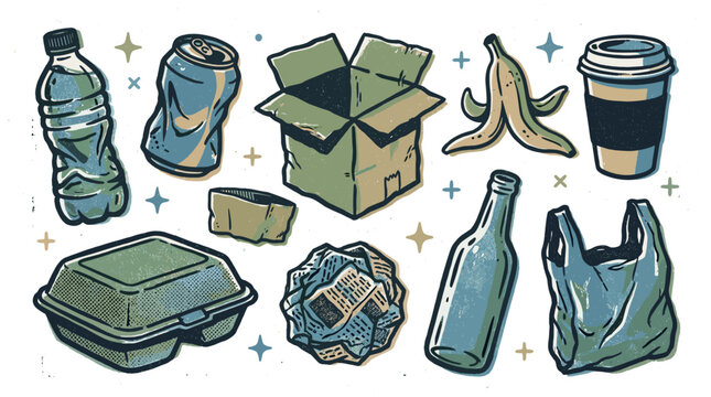 Various hand-drawn discarded waste items, including plastic bottles, aluminum cans, and cardboard, illustrate recycling and environmental awareness on a white background