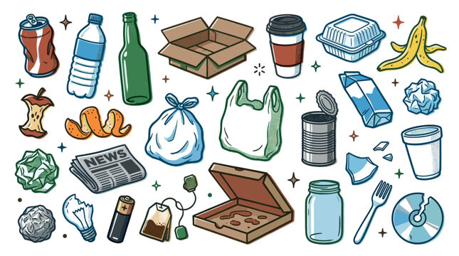 Various colorful hand-drawn garbage and recycling items, including plastic bottles, cans, paper, and organic waste, on a clean white background