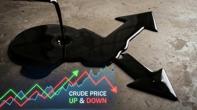 Crude Oil price concept , Crude oil spill black liquid concrete surface with up and down arrows showing market fluctuation