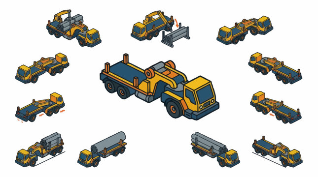 Collection of colorful isometric construction trucks and vehicles.