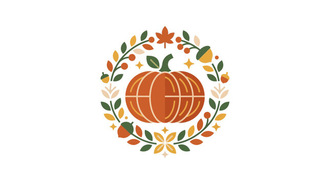 Autumn Pumpkin with Floral Wreath Vector Illustration