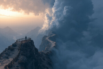 Fototapeta premium split mountain ridge between safety and danger concept, dramatic cliff path adventure over stormy abyss landscape, contrasting viewpoint platform and exposed ridge journey