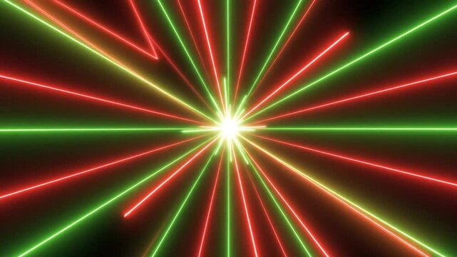 Abstract red and green laser light burst from the center of the screen, creating a starburst pattern against a black background.