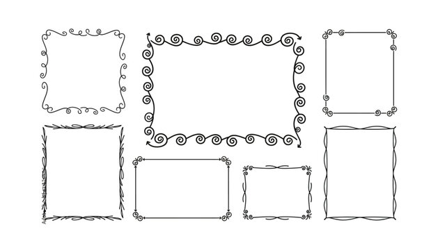 Hand drawn decorative border set, 7 black line doodle frames, elegant swirl and filigree ornaments for wedding cards isolated on White Background scribble, hand drawing
