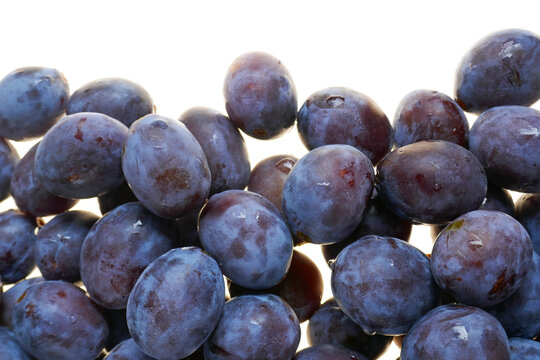  blue plums arranged in pile on light background for healthy eating,vegetarian food themes,agriculture, grocery design,nutrition blogs,farm products, fresh produce advertising. 