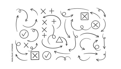 Fototapeta premium Hand drawn arrow set, black ink doodle arrows and symbols, sketchy directional pointers, vector design elements isolated on White Background scribble, hand drawing