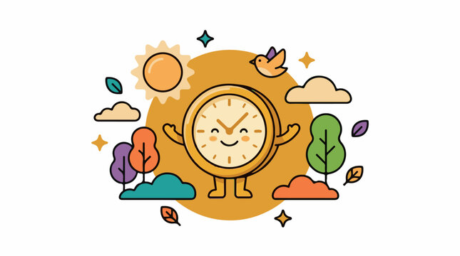 A cheerful clock character standing in a whimsical outdoor scene with trees, clouds, and a bird