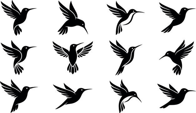 Hummingbird Silhouette Vector Icon Set Featuring Little Flying Birds in Different Poses for Logo Design, Tattoos, and Minimalist Nature Art