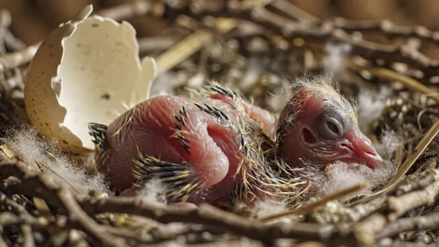 Baby bird hatches out of an egg in a nest with fluffy feathers, branches, and shell fragments