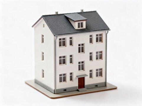 Scale model of a white three story apartment building