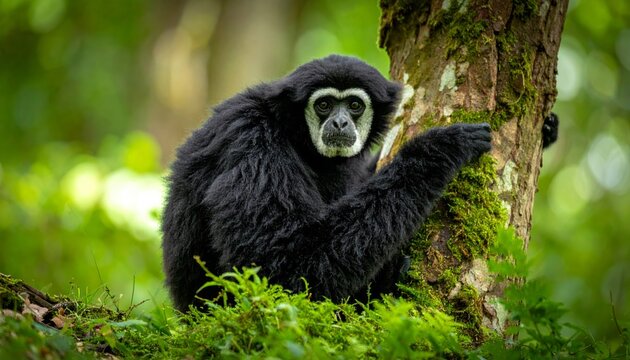 White-faced spider gibbon portrait of a young lar (white-handed) gibbon sitting in a forest tree, wild Asian primate with white face, black fur and expressive eyes