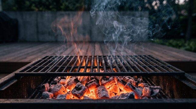 A barbecue grill with burning coals and smoke on a wooden deck outdoors